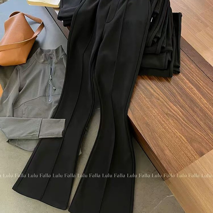 黑色高腰微喇西装裤女秋冬加绒显瘦显高小个子拖地裤