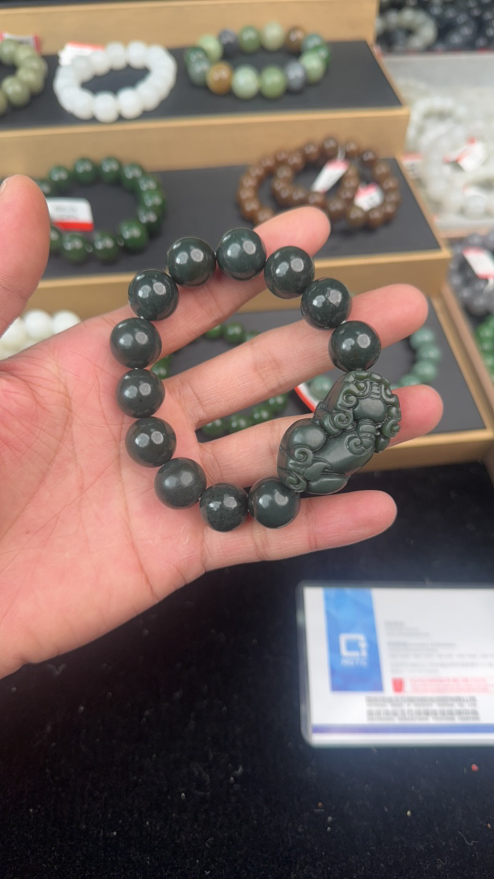 纯天然新疆和田玉塔青貔貅手串15mm