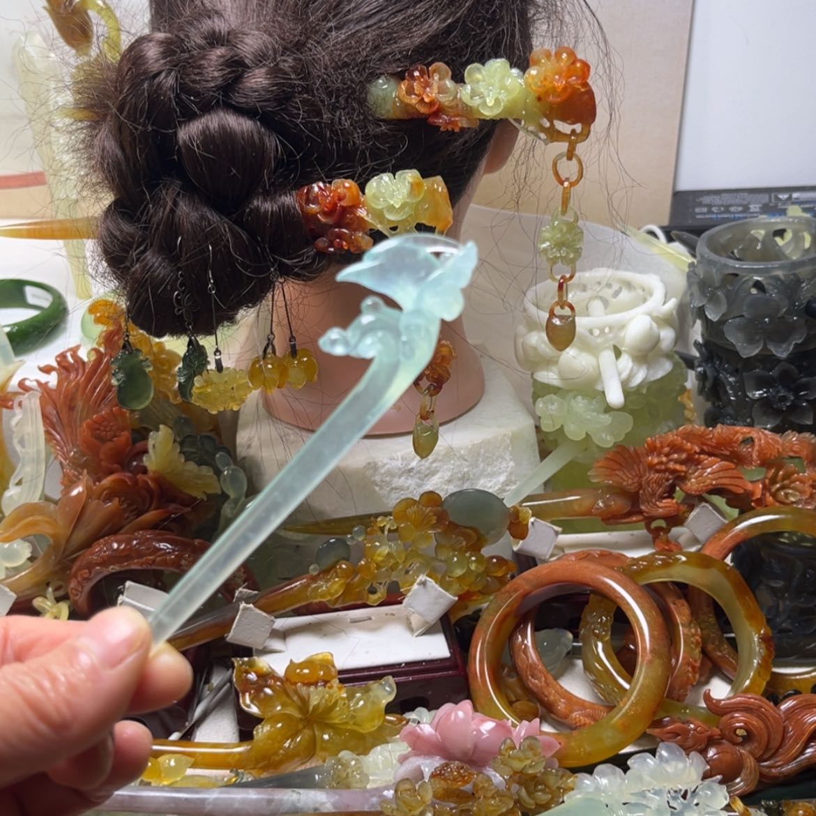 【闪购商品】蛇纹石玉发饰合金有**豆