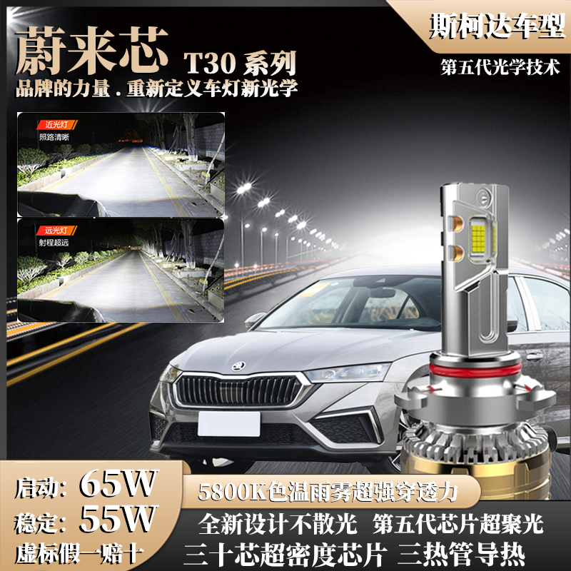 【斯柯达65W】激光30芯3铜管汽车LED灯明锐速派昕动昕锐昊锐LED灯