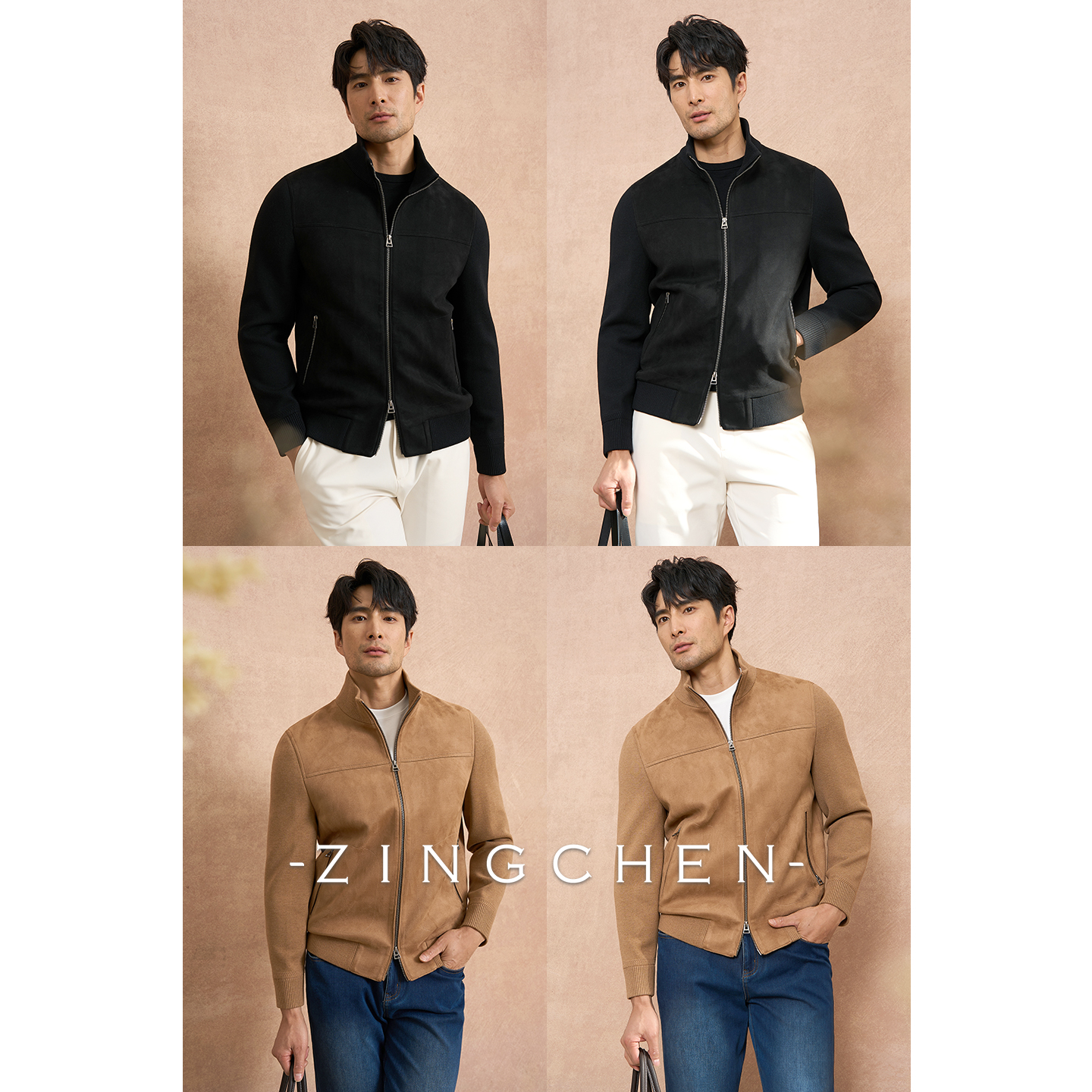 【优雅老钱风】ZINGCHEN秋冬麂皮绒拼接立领夹克休闲通勤男款外套