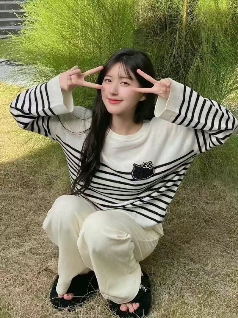 猫咪 条纹针织上衣