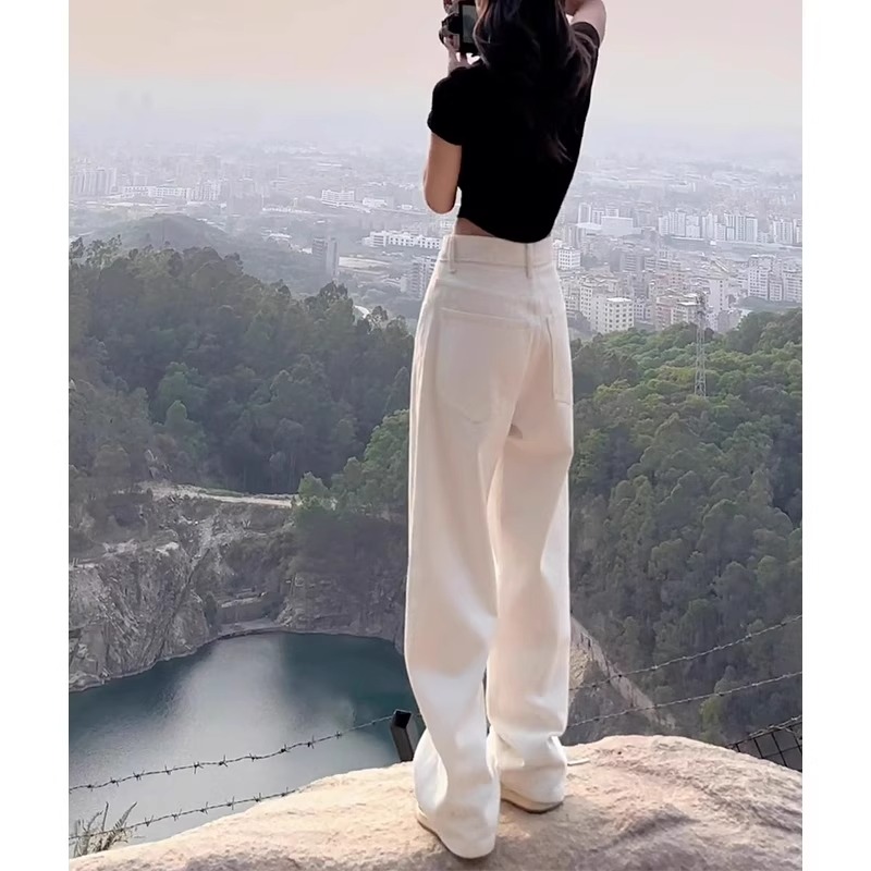 白色高腰阔腿牛仔裤女小个子2025春秋新款宽松直筒窄版垂感拖地裤