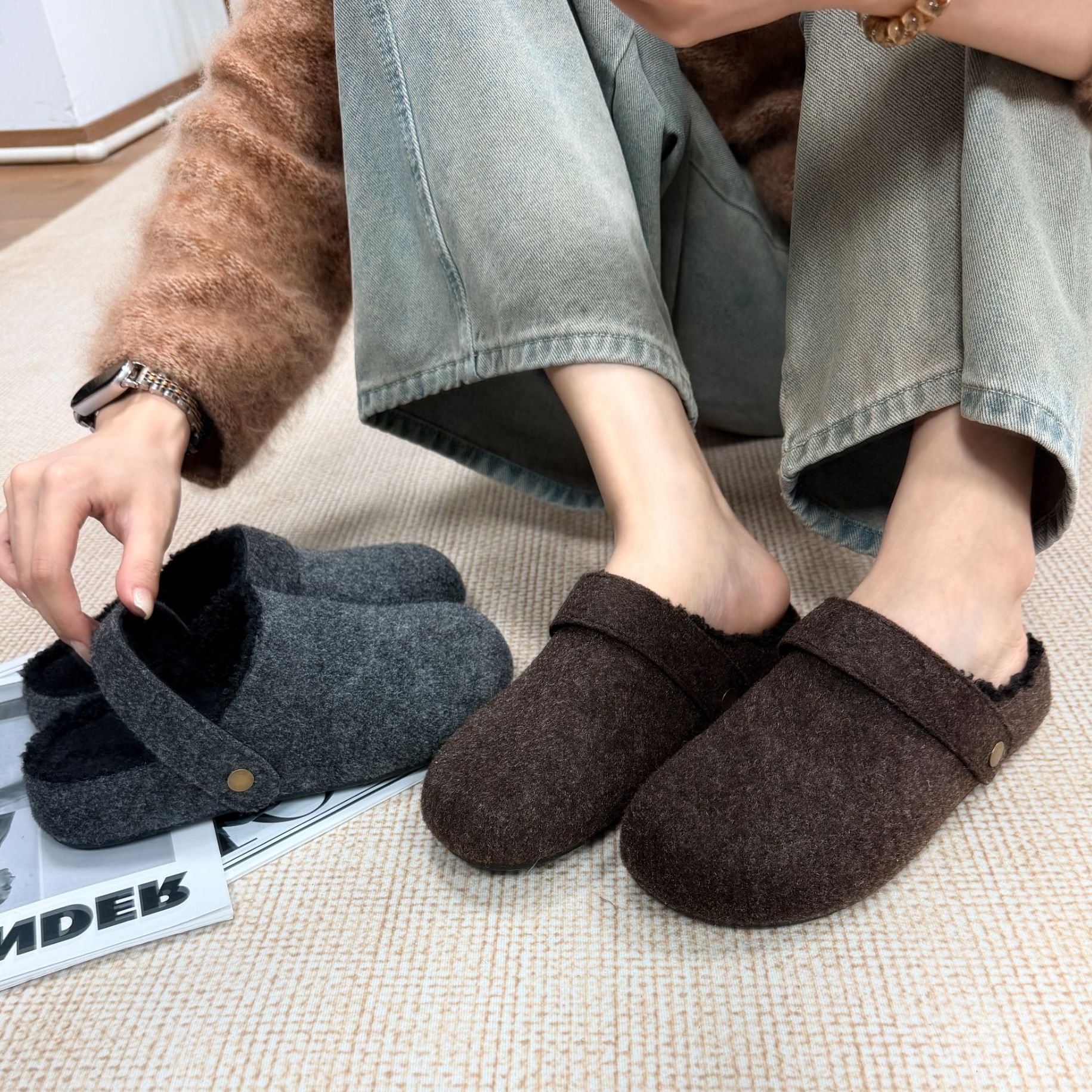 INS高级感灰色勃肯鞋女款冬季韩版毛呢棉鞋包头拖毛毛鞋时尚软底