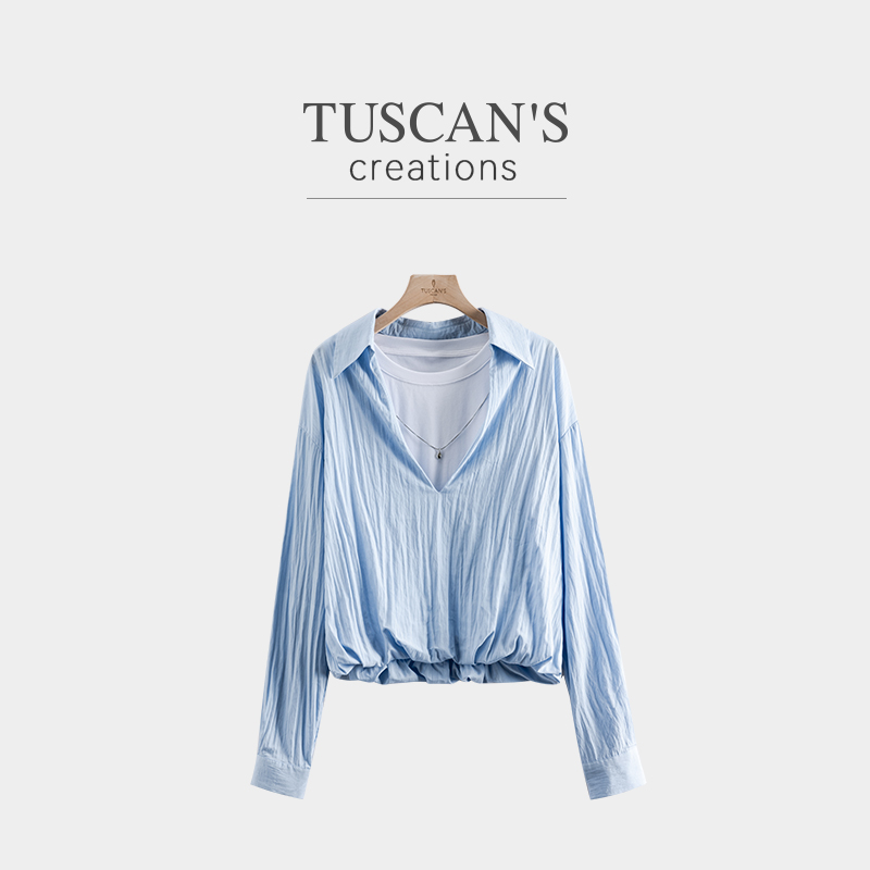 TUSCAN'S CREATIONS春季新品日常休闲气质百搭假两件长袖女士衬衫