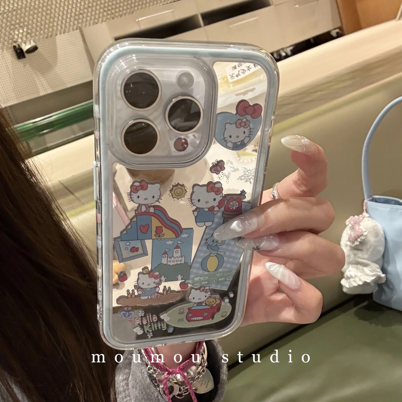 镜面蓝框可爱猫咪游乐园适用iPhone16Promax手机壳15苹果14小众13