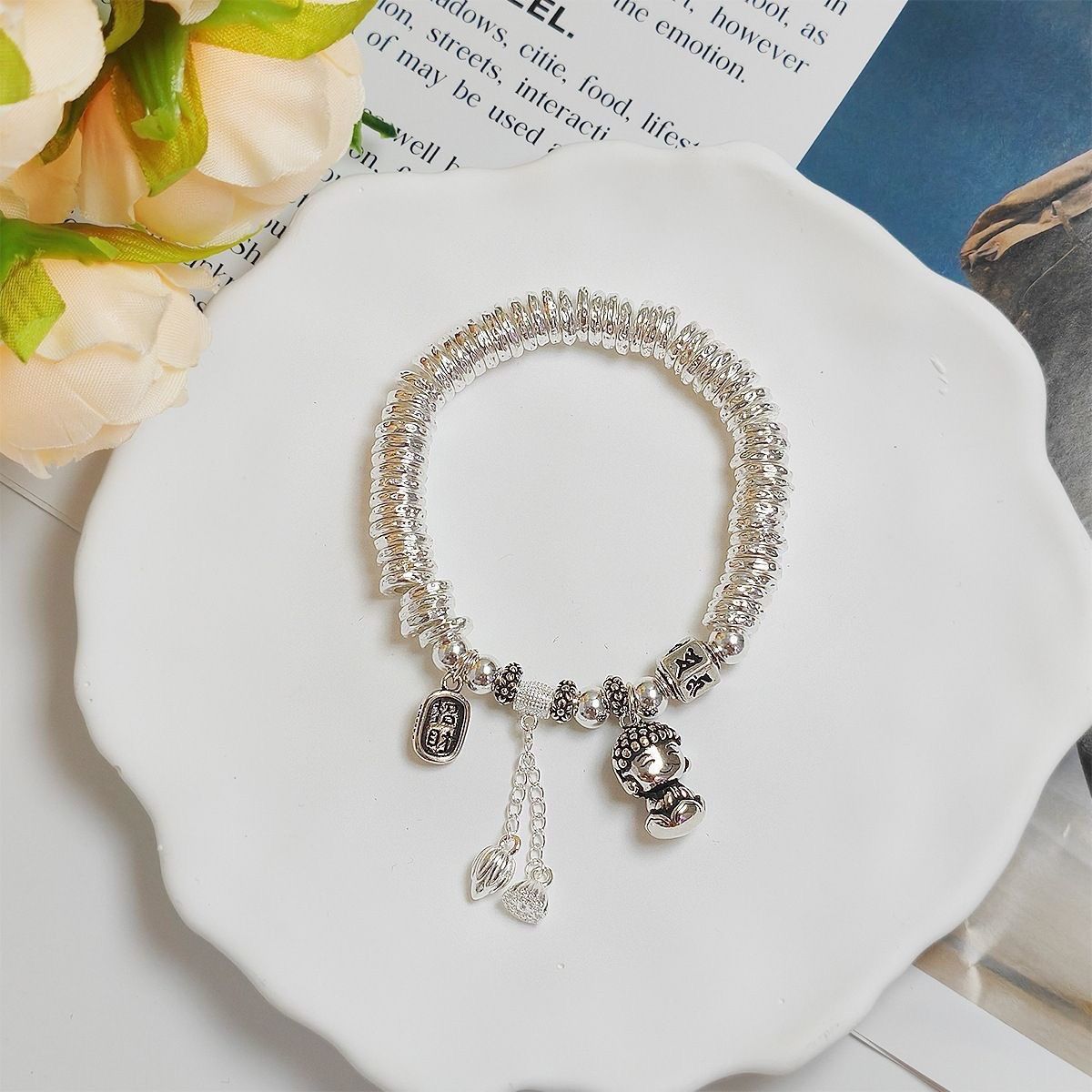 福-999.9银古法小弥勒佛招财六字真言招财盘缠手链