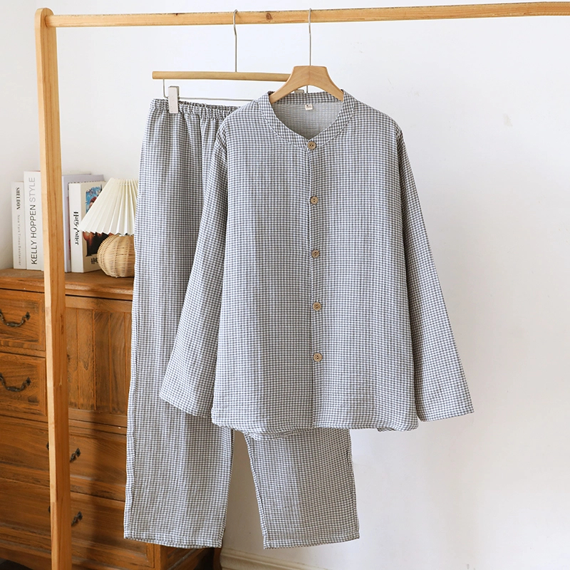 温澜男士纯棉双层色织棉纱家居服睡衣圆领简约格子透气长袖长裤套