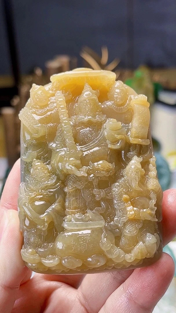 【藏盛好物】天然缅甸翡翠黄翡五路财神毛货买断需抛光尺寸80-52-16