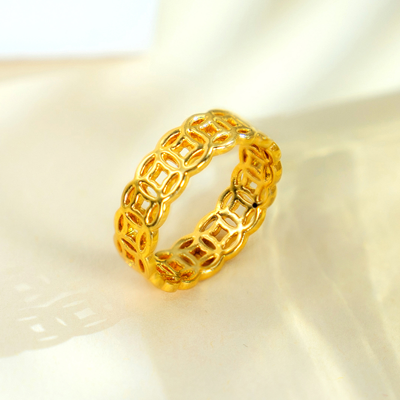 足金999镂空铜钱戒指钱多多金戒指黄金女款时尚送礼送女友