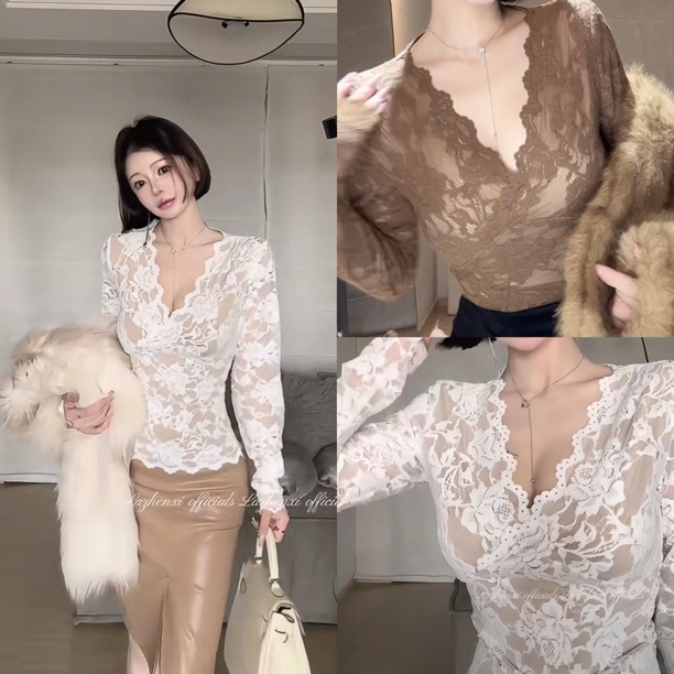 纯欲性感V领修身显瘦长袖打底衫上衣加绒针织里布弹力蕾丝上衣女