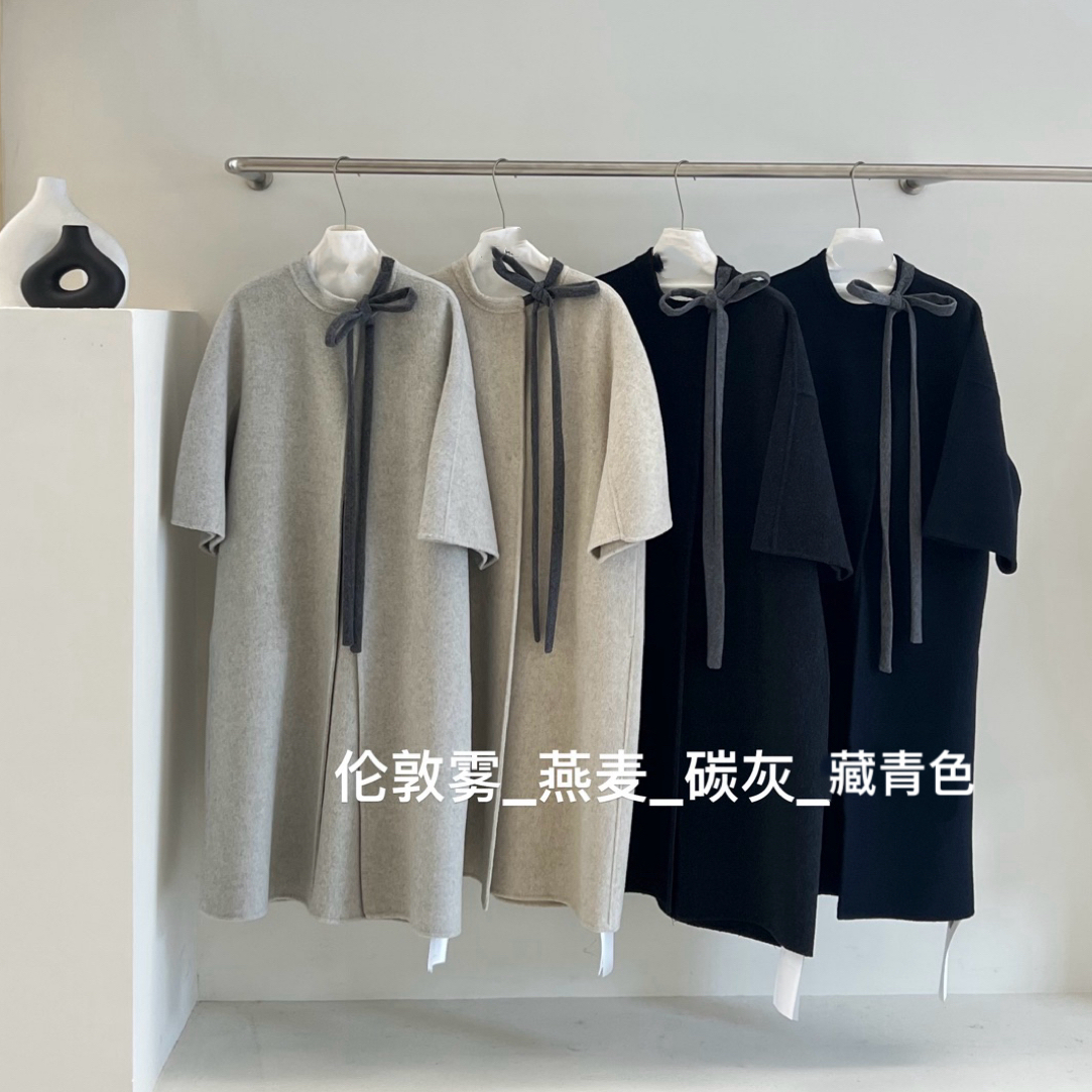 6730#韩系慵懒撞色飘带中袖双面羊毛长款显瘦气质大衣外套冬季