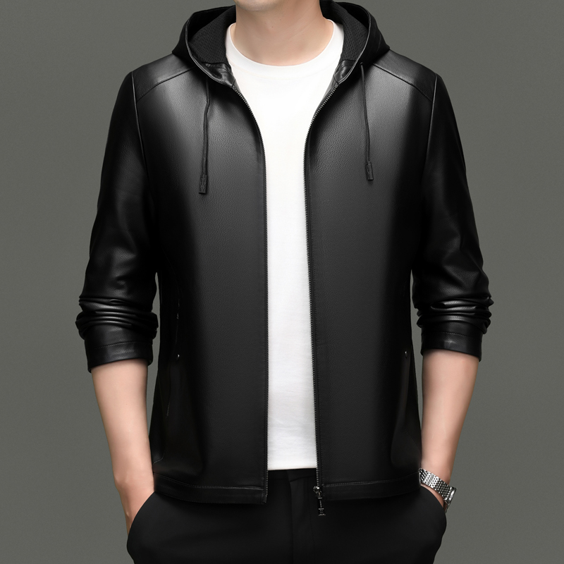 【秋冬上新】口袋拉链连帽山羊皮夹克时尚男士外套帅气皮衣