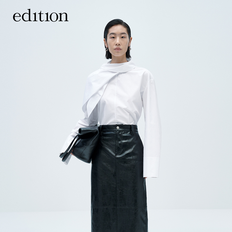 【商场同款】edition新款丝巾领白色棉衬衫女#EBC4TOP008