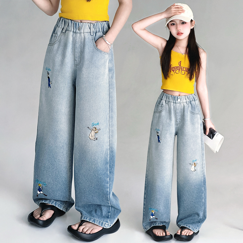 女童春季复古浅蓝渐变牛仔裤2025新款刺绣中大童春秋休闲阔腿长裤
