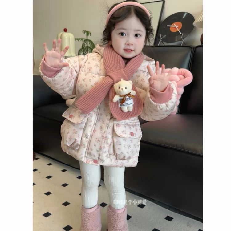 【现货当天发】碎花手帐！韩系女童棉服加绒加厚带围脖洋气过冬宝宝
