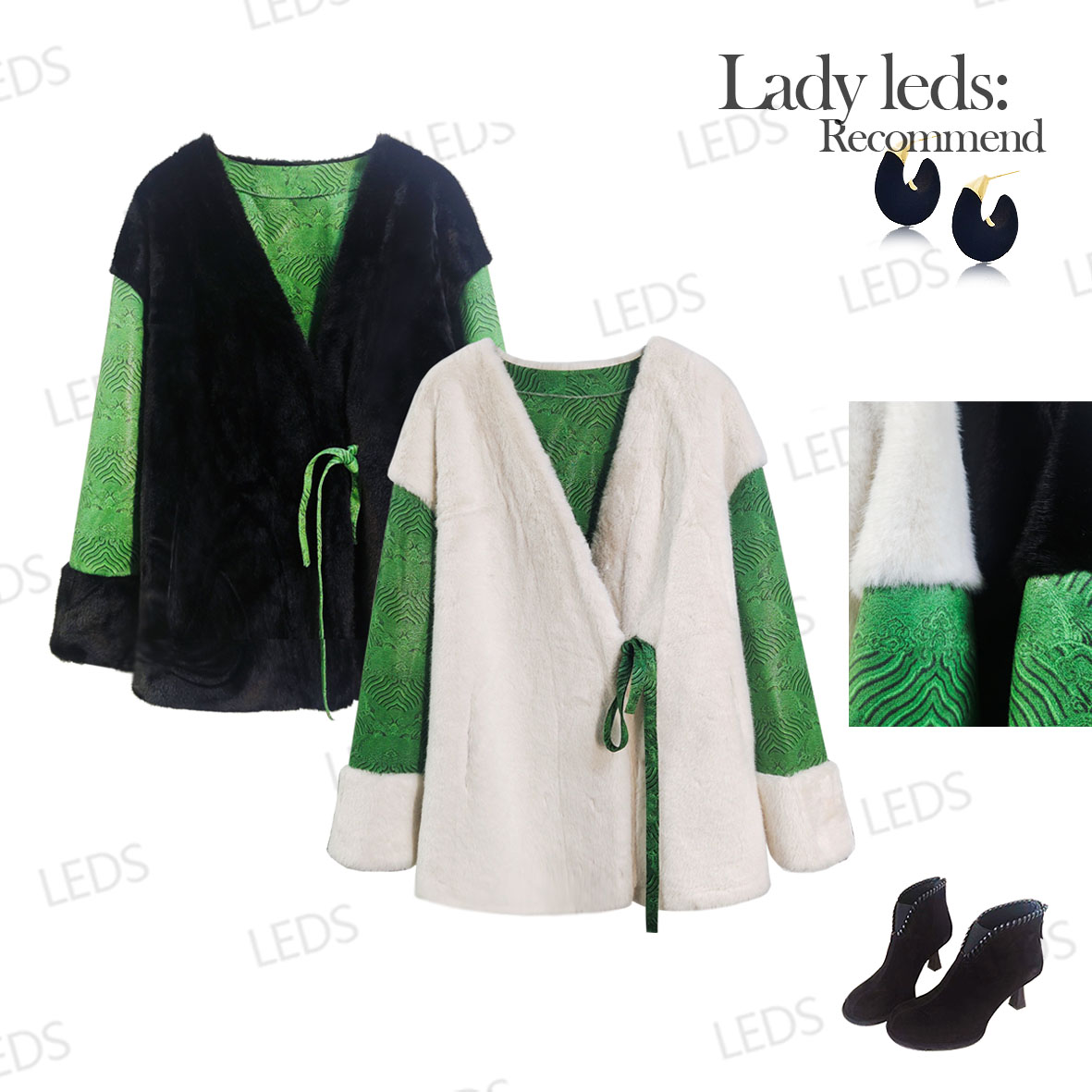 LEDS  298冬季新中式撞色系带拼接设计显瘦保暖外套