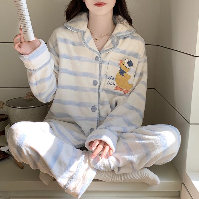 珊瑚绒睡衣女款冬季加绒加厚高领保暖法兰绒长袖长裤可外穿家居服