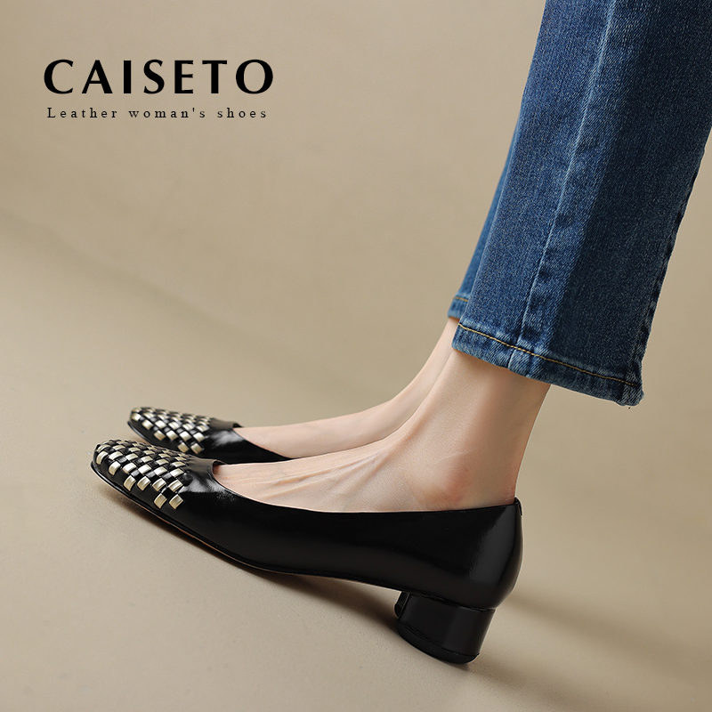 【黑色】牛皮手工舒适百搭时尚编织气质网红爆款粗跟女鞋24D253