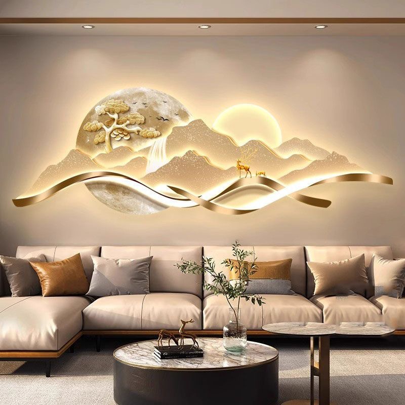 现代轻奢客厅装饰画led高级感背靠金山大气山水画沙发背景墙壁画