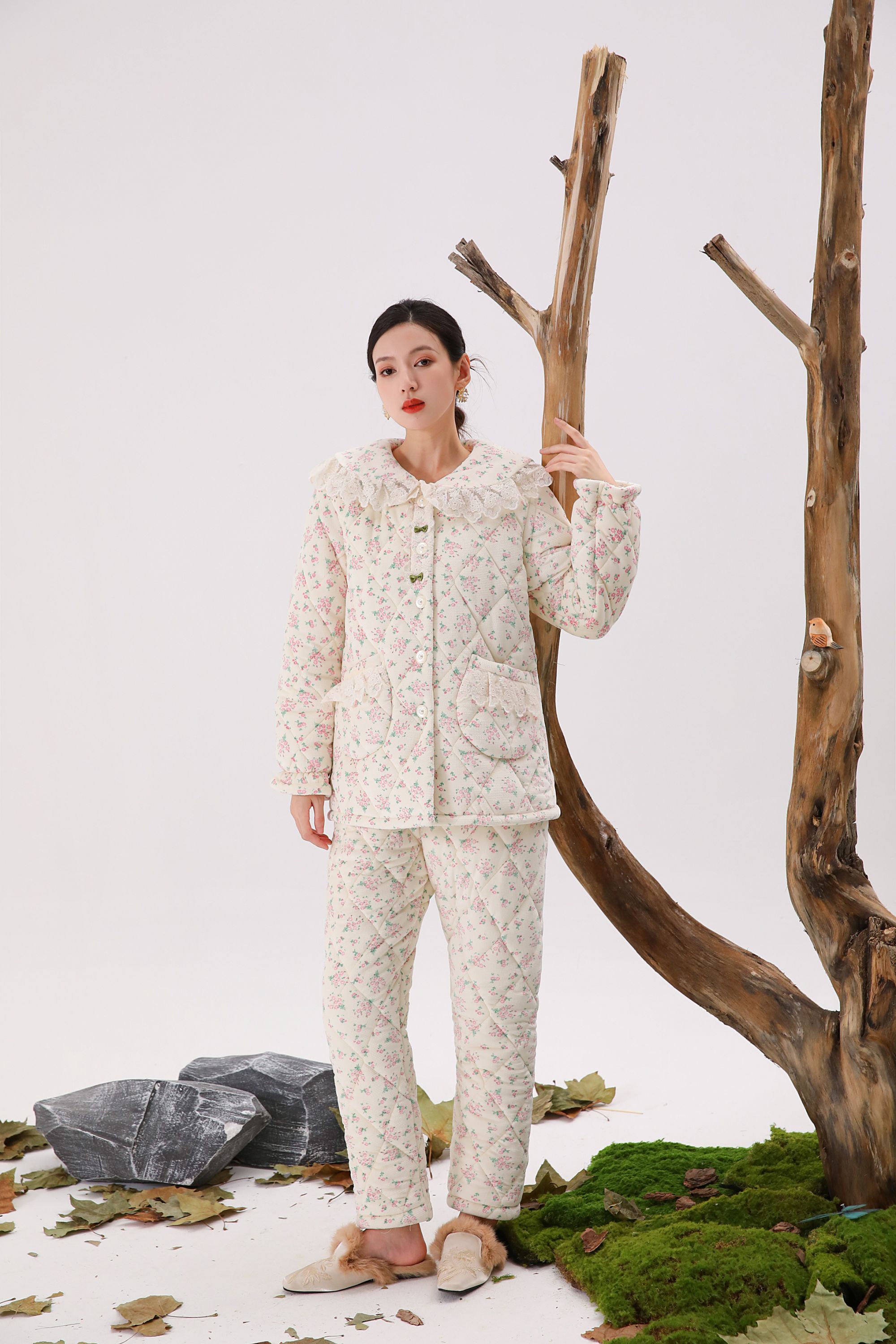 【0266花笺】女睡衣冬三层夹棉格纹翻领保暖外出家居服套装