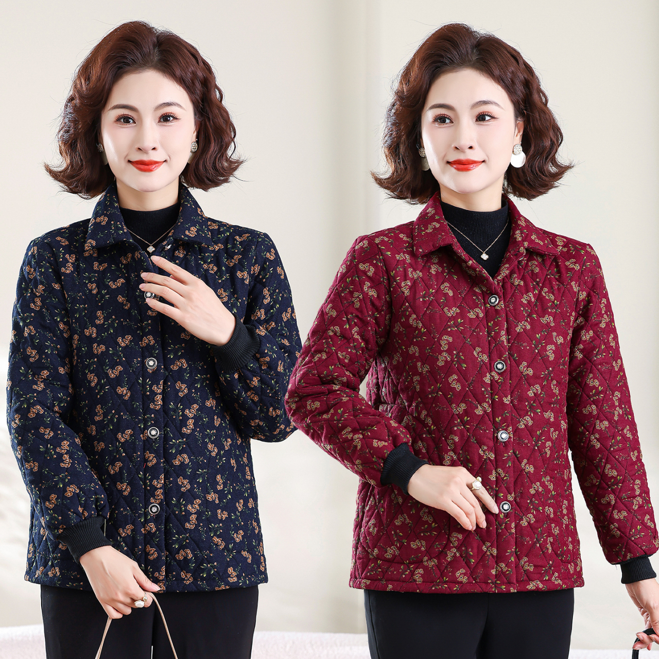 秋冬新款碎花休闲百搭洋气千金棉衣格纹中老年女装外套801款