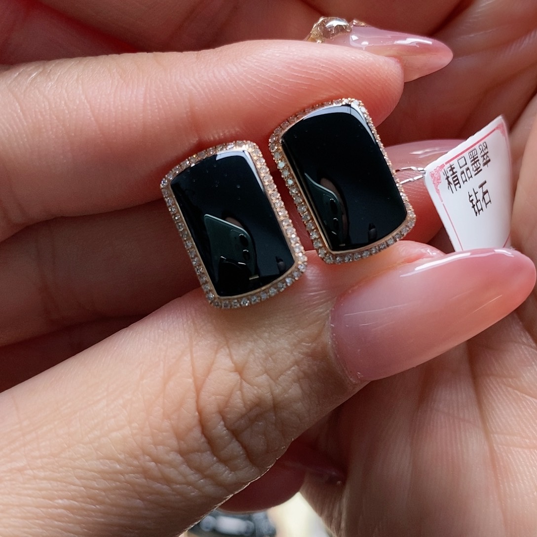 翡翠耳饰18K金镶嵌墨翠