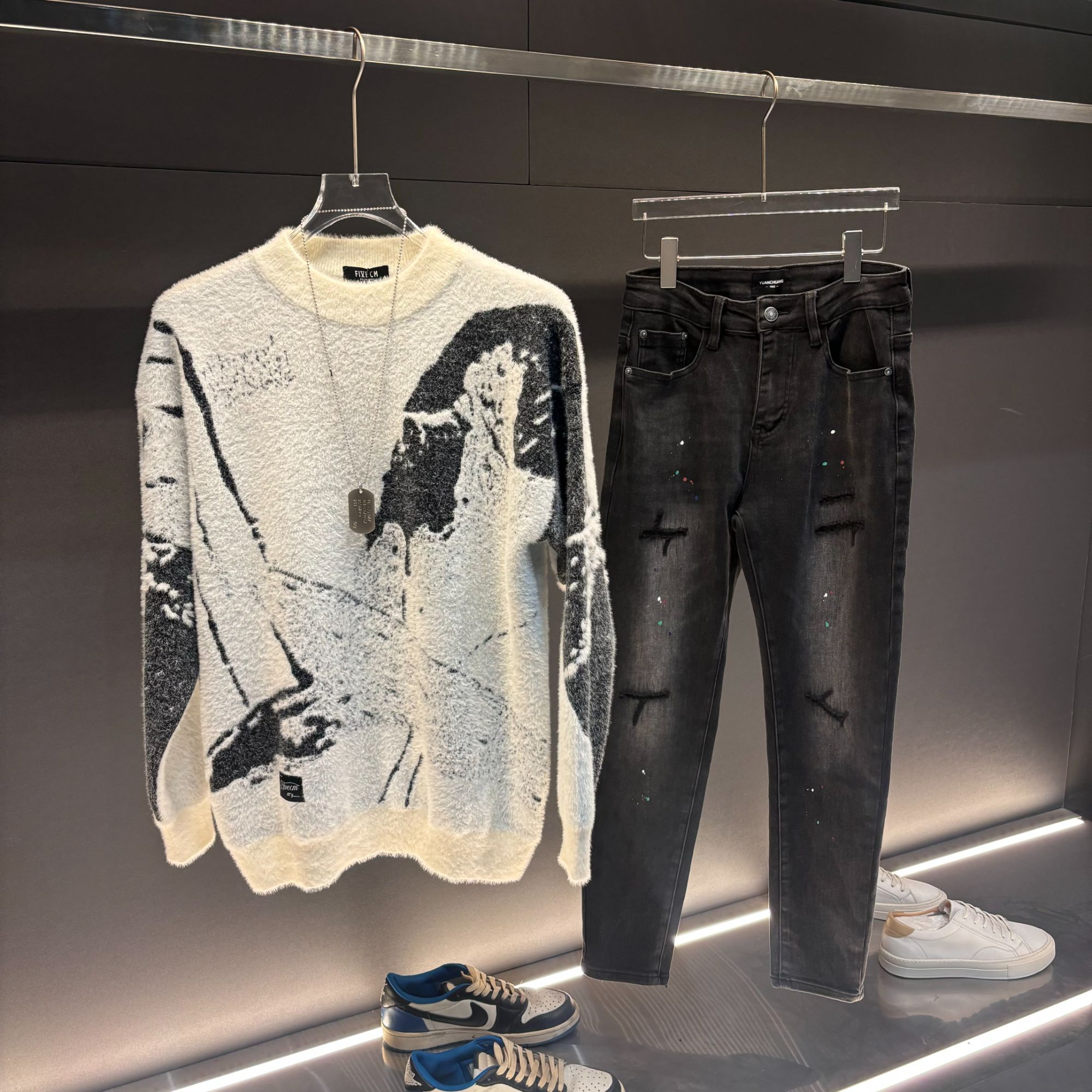 美式复古渐变马海毛双面芝麻底提花圆领套头毛衣复古慵懒风上衣