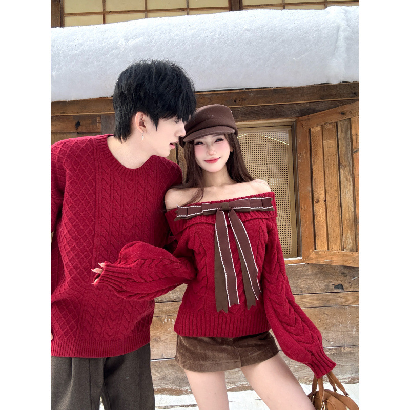 秋冬季情侣装红色一字领蝴蝶结套头衣