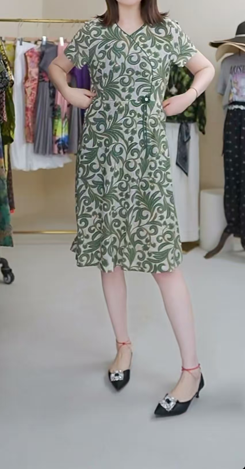 新款25397洋气短袖连衣裙气质减龄遮肚过膝裙子