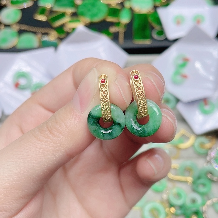 翡翠耳饰银S925镀金镶嵌天然翡翠