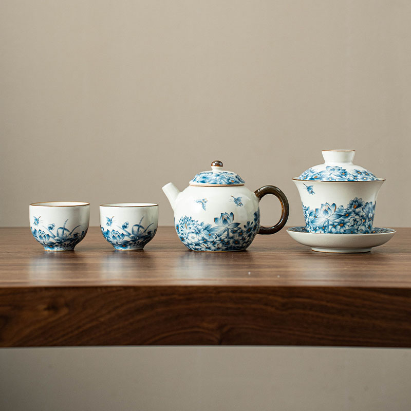 DD-ZH1507-汝窑手工高档简约茶具蝶恋花茶壶+大号盖碗+两客杯茶杯