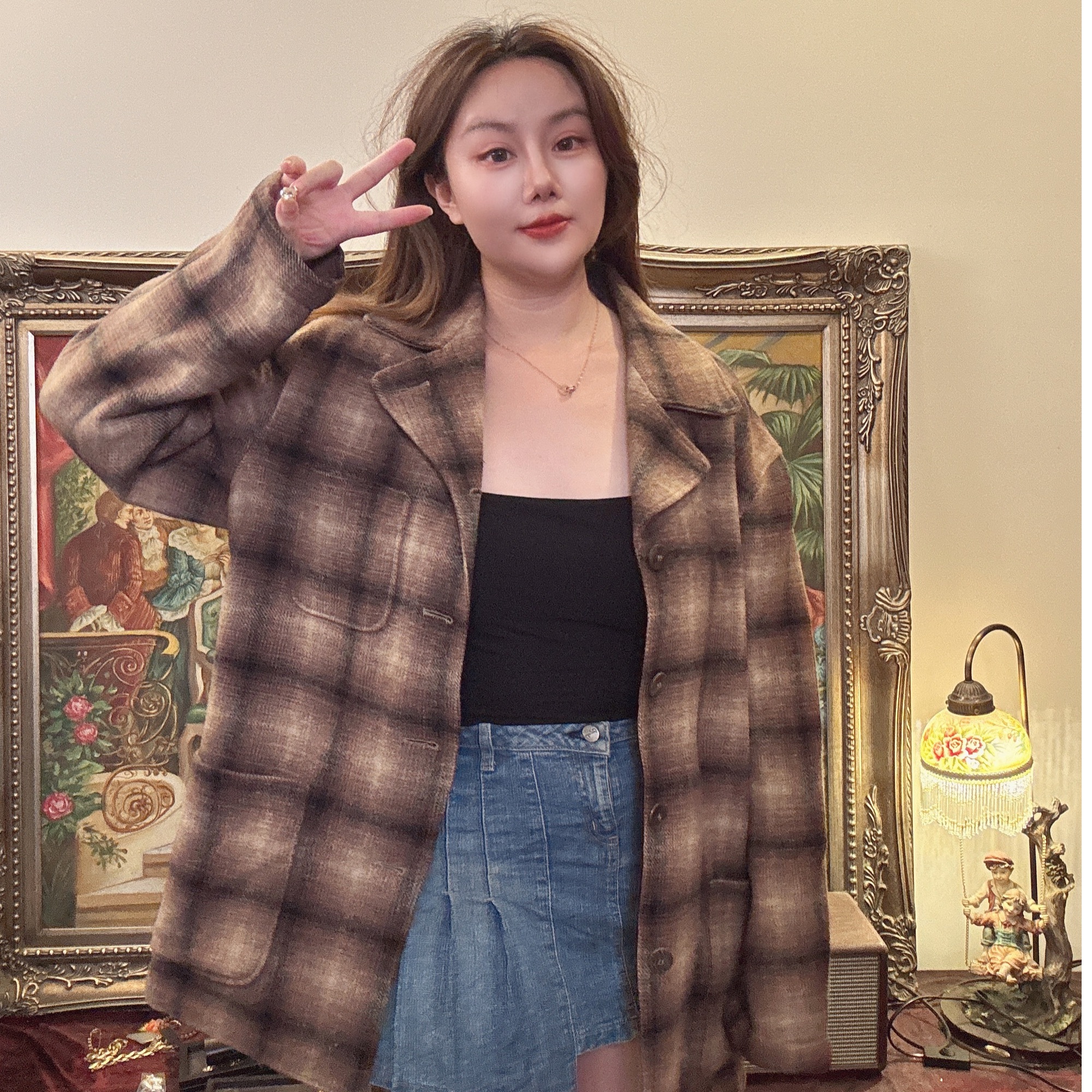 春秋中性宽松格子衬衫气质时尚百搭复古