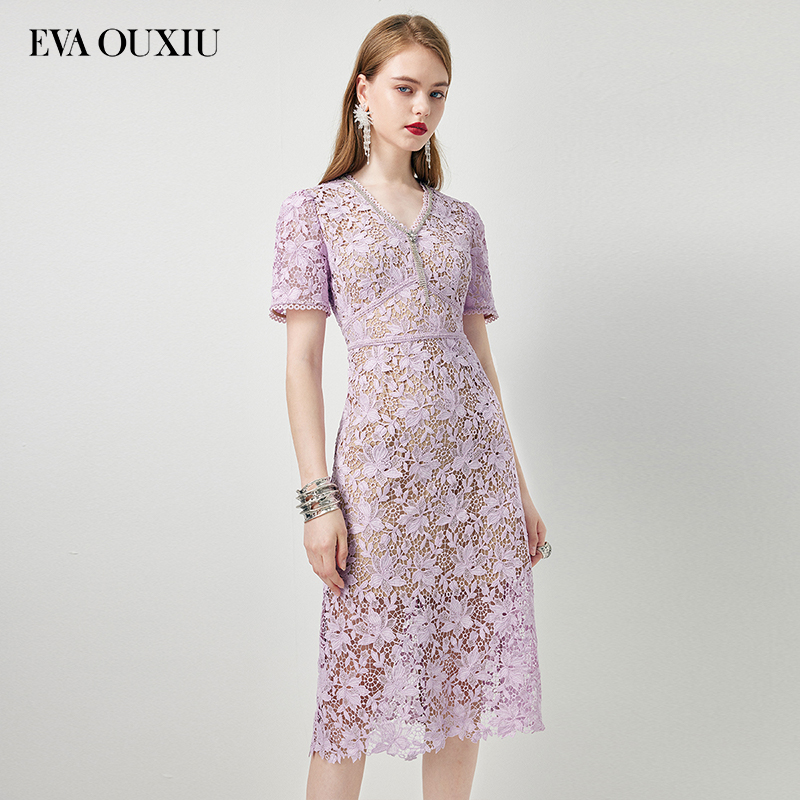 【安雅专属】EVA OUXIU/伊华欧秀蕾丝V领连衣裙 42KAQ4730