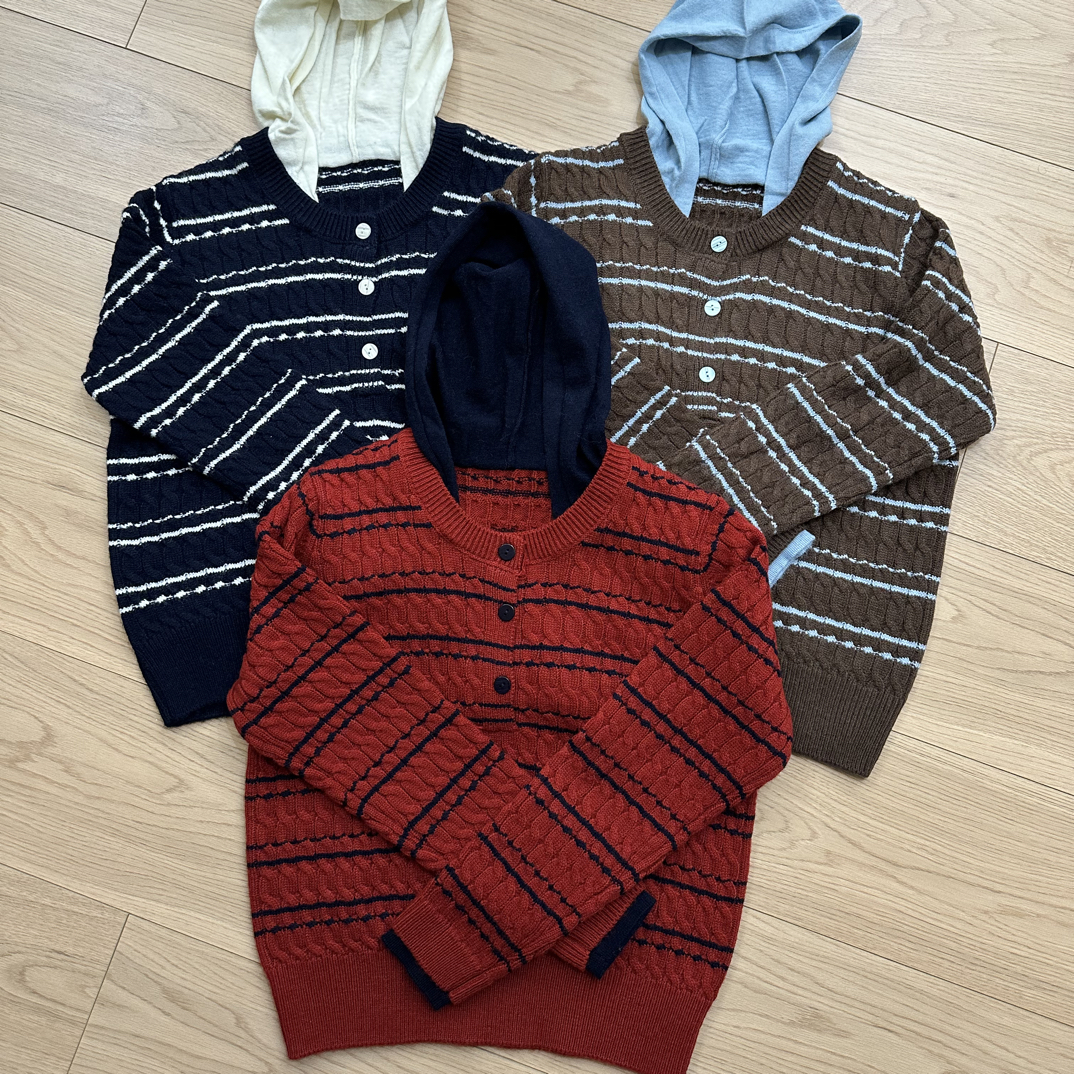 【小白姐姐】新款拼色条纹厚实戴帽毛衣