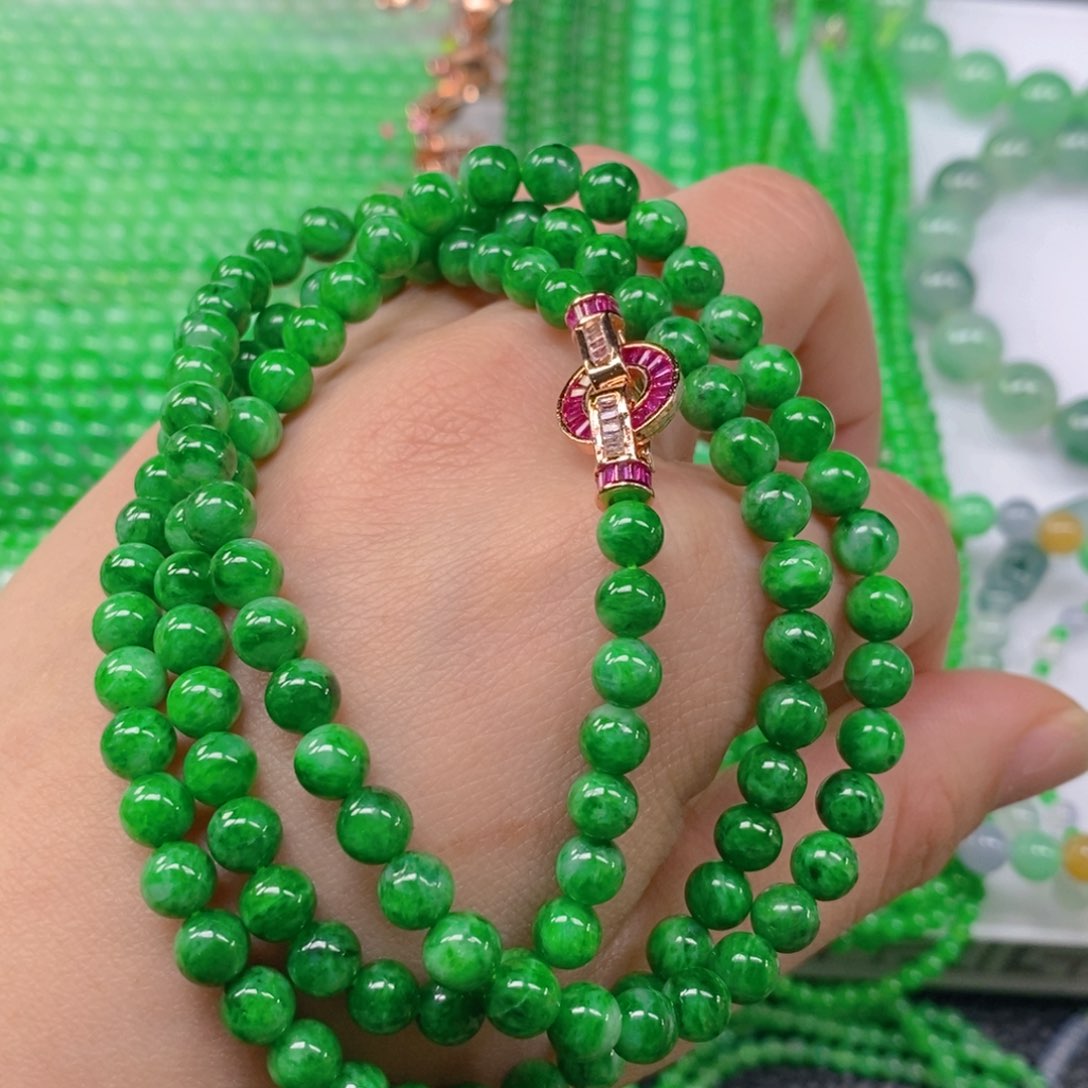 翡翠颈饰未镶嵌缅甸天然翡翠辣绿项链6.2m' m