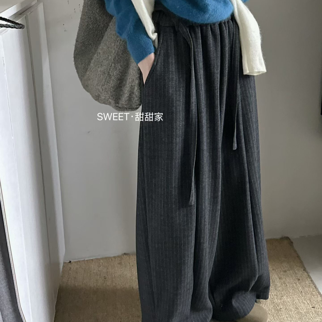 加绒加厚复古竖条纹毛呢阔腿裤女高腰显瘦垂感