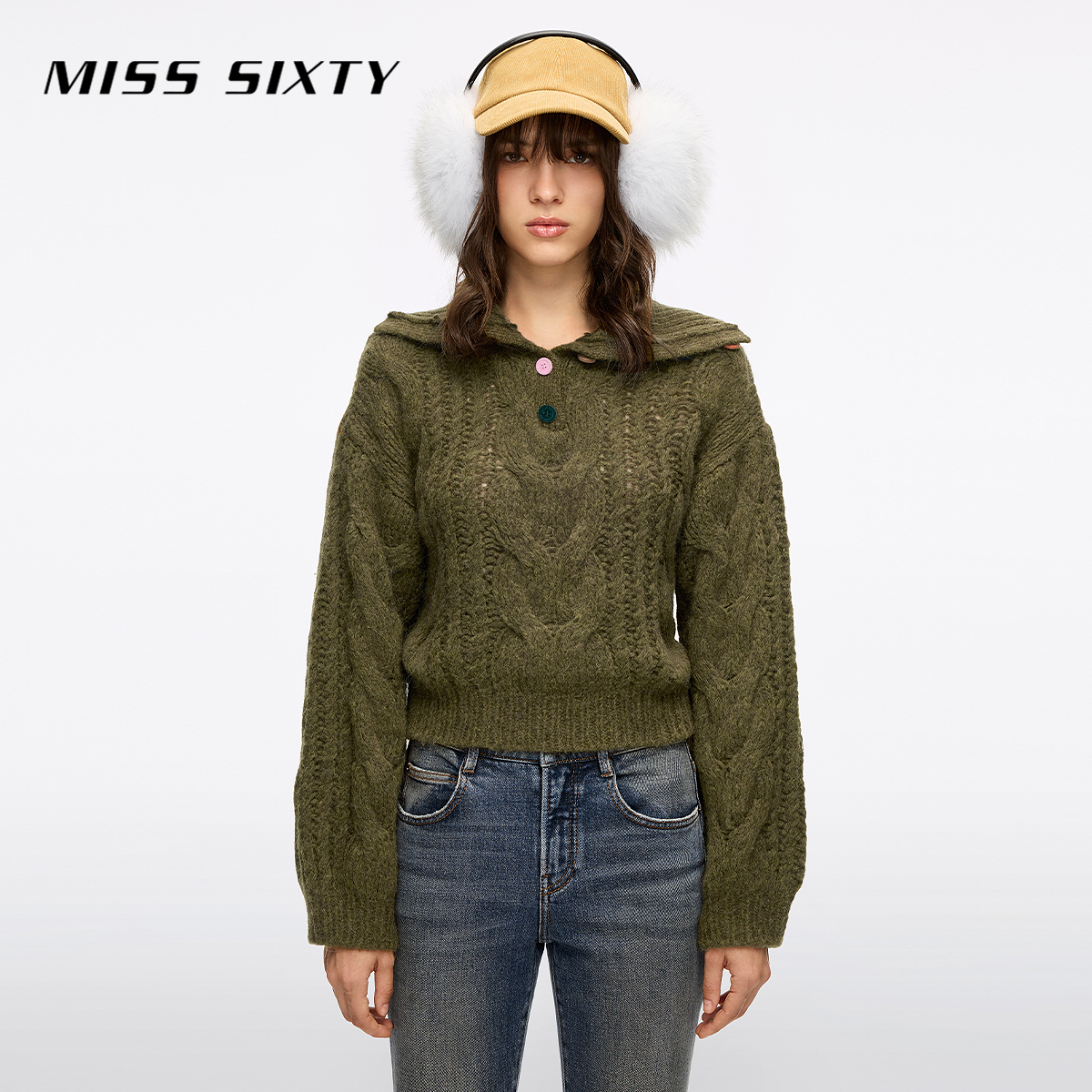 Miss Sixty2025冬季新款针织衫女翻领撞色纽扣羊驼毛混纺麻花毛衣