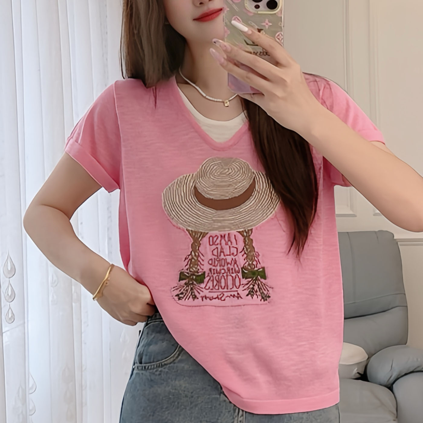 草帽 减龄百搭休闲粉色短袖舒适假两件套头设计感V领女士上衣1647
