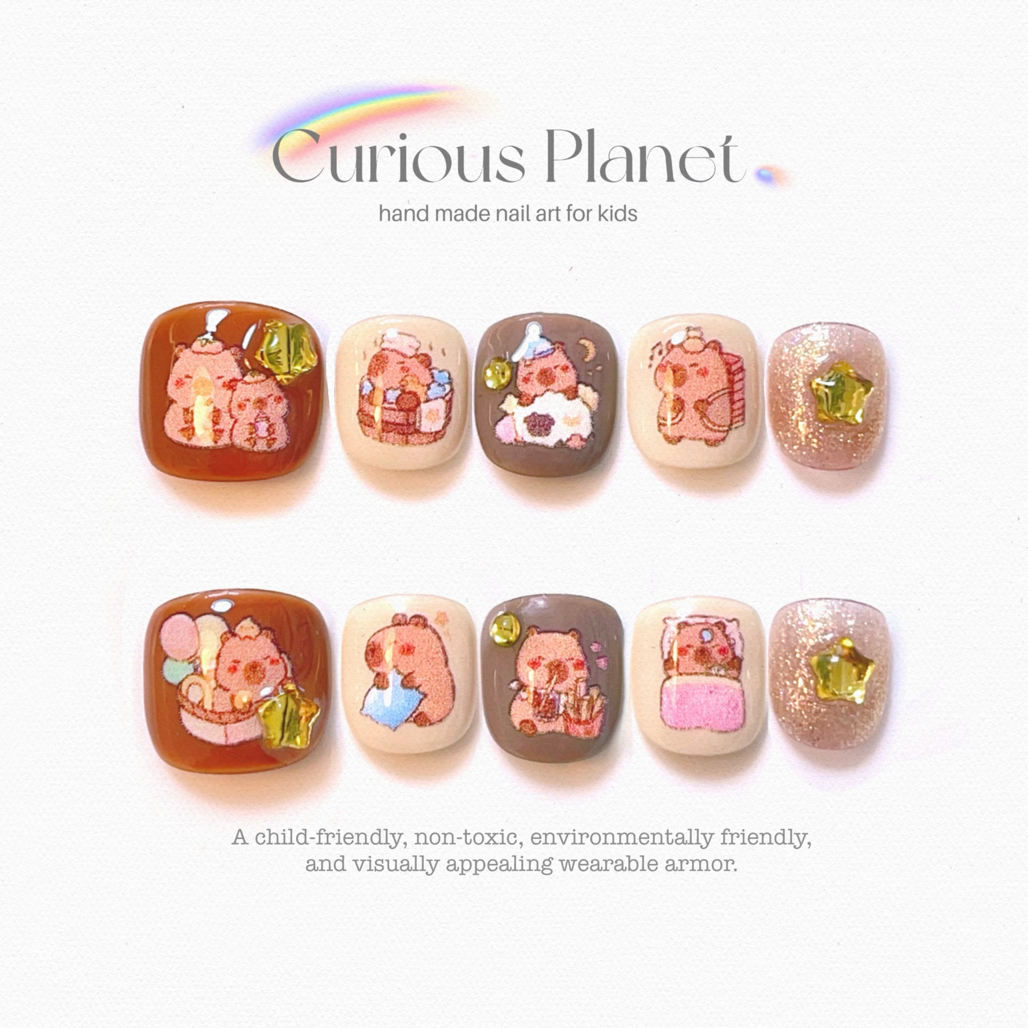 卡皮巴拉小朋友穿戴甲可爱动物卡通指甲贴小女孩卡皮巴拉美甲礼物