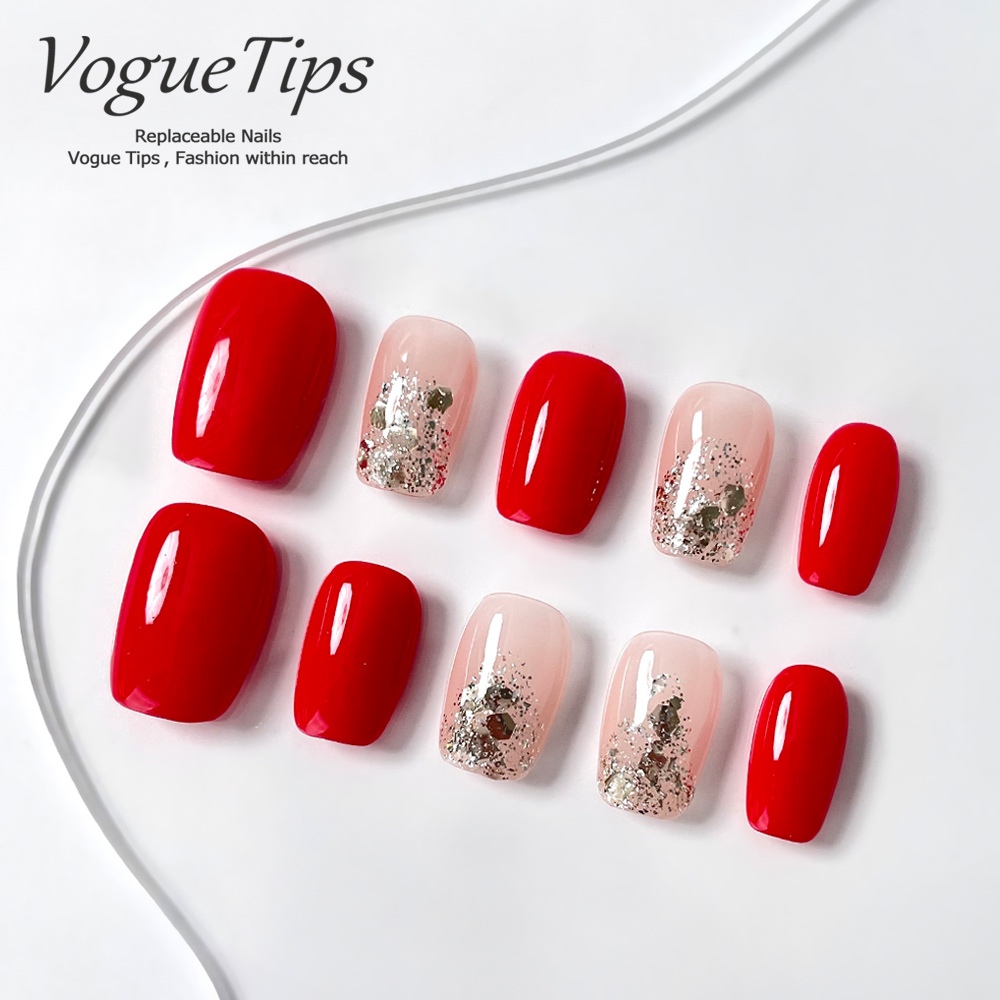 VogueTips 烈焰少女穿戴甲ins风红色显白纯手工指甲片短芭蕾ZB639