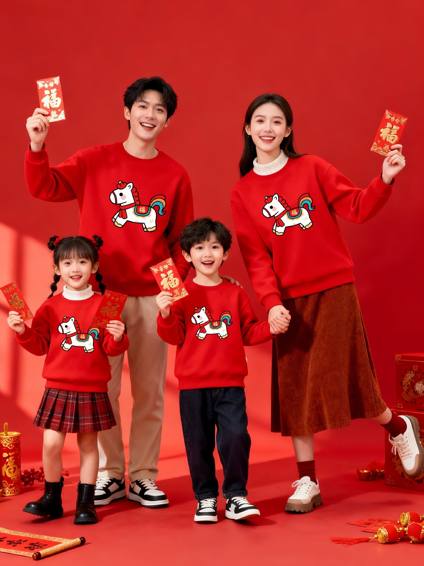 马年2026新年亲子装喜庆中国红可爱印花一家三四口过年聚会全家福