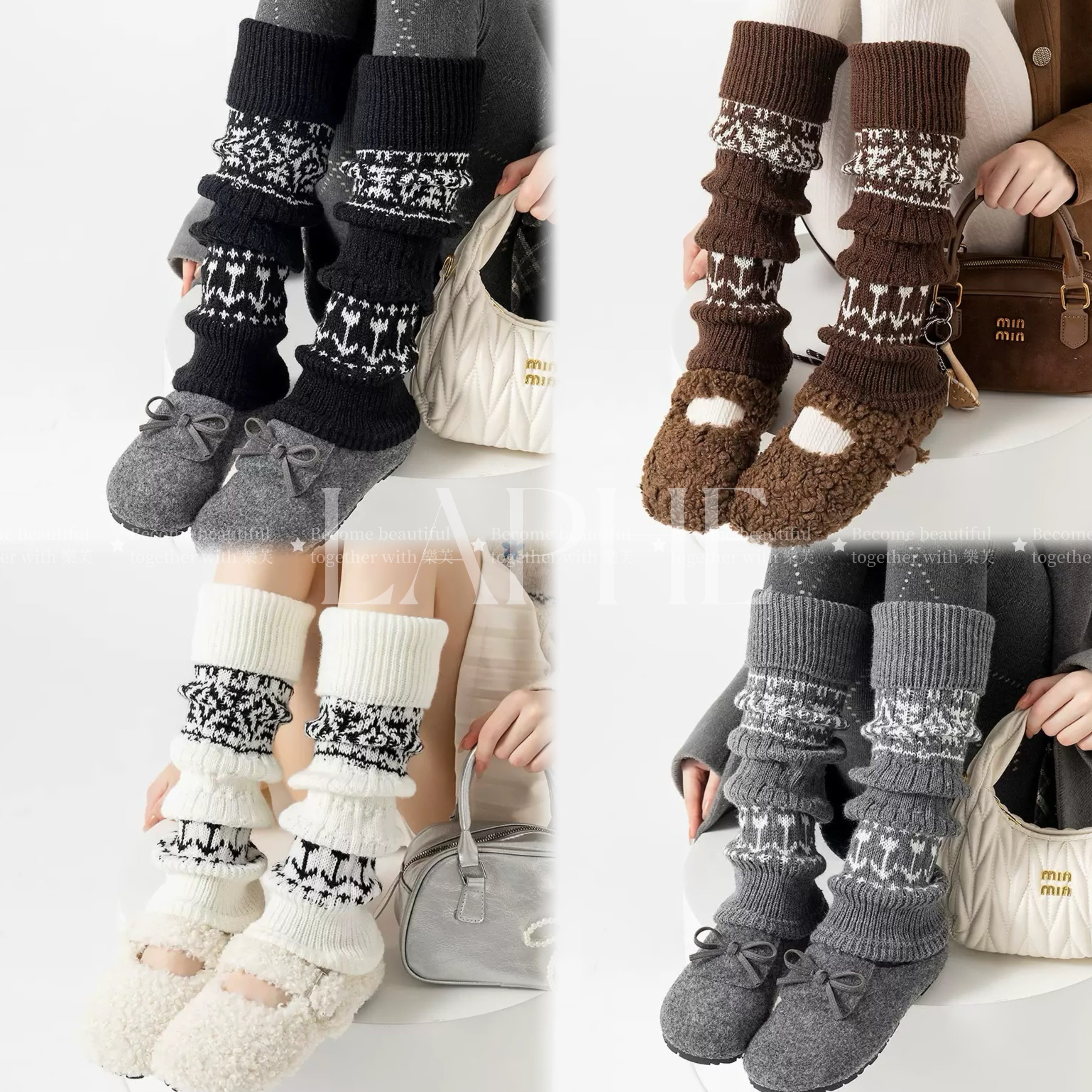LAPHE 袜套女秋冬费尔岛森系堆堆袜保暖加厚复古灰色菱形小腿腿套