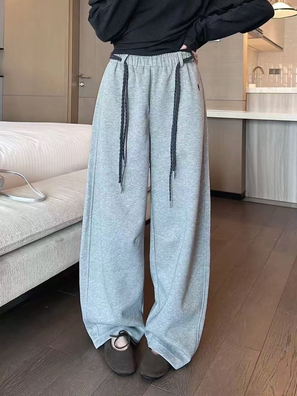 松紧腰抽绳休闲阔腿裤9051