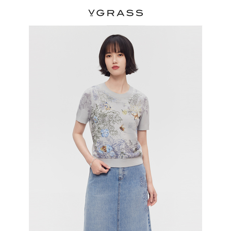 VGRASS芝麻点提花叠绣艺术针织衫夏季新款针织短袖上衣VZZ3P2257A
