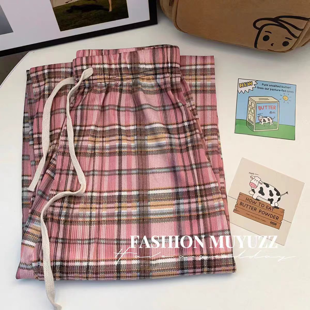 高腰休闲裤毛呢时尚格子裤常规阔腿裤常规款夏季少女019