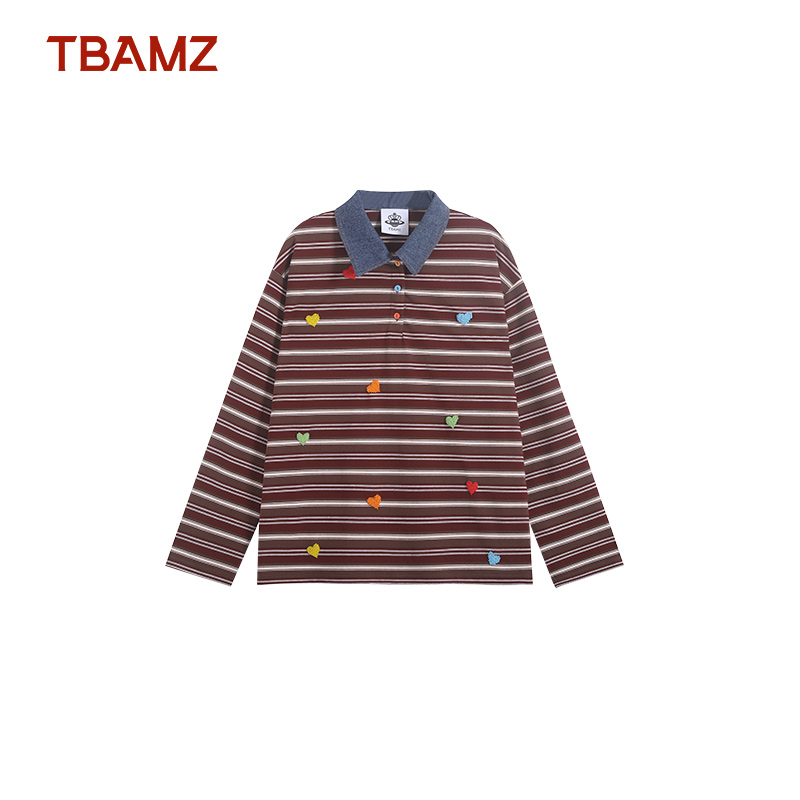 TBA美式学院风手工爱心串珠条纹POLO领长袖 65T634