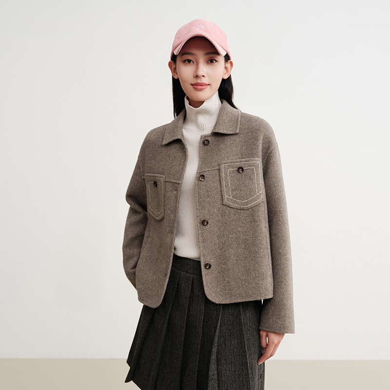 EP雅莹秋装新款女装 100绵羊毛气质短款翻领衬衫式外套1509A