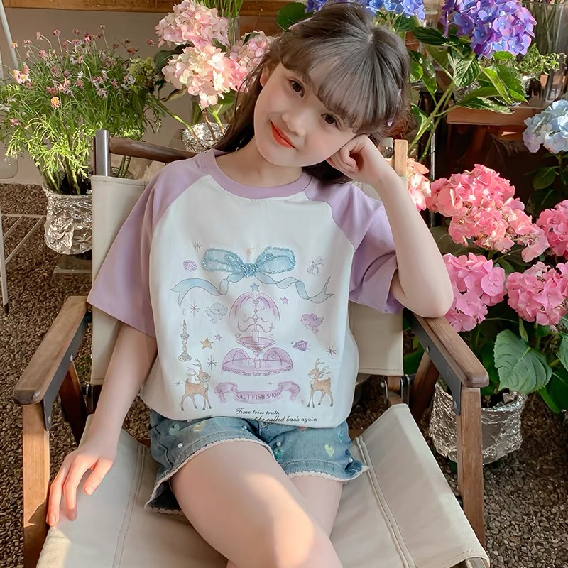 【断码清货】2025夏洋气喷泉小鹿拼色短袖T恤(100%棉) D326 326 M