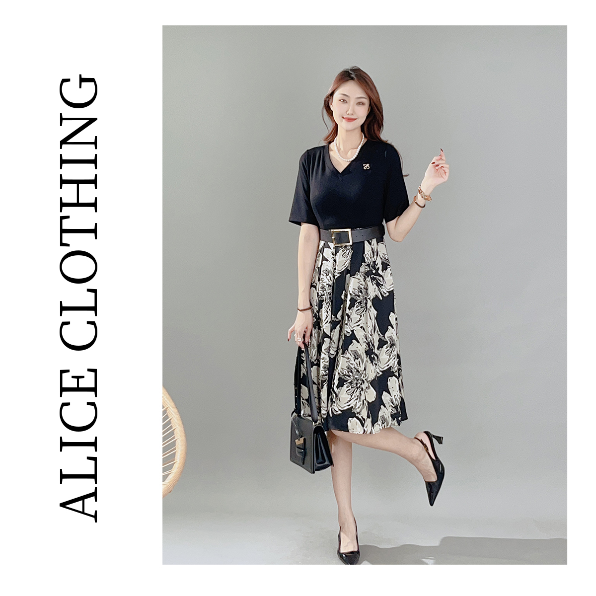 1【ALICE“花影绰约”连衣裙】加宽腰带时髦拼接S1033585J